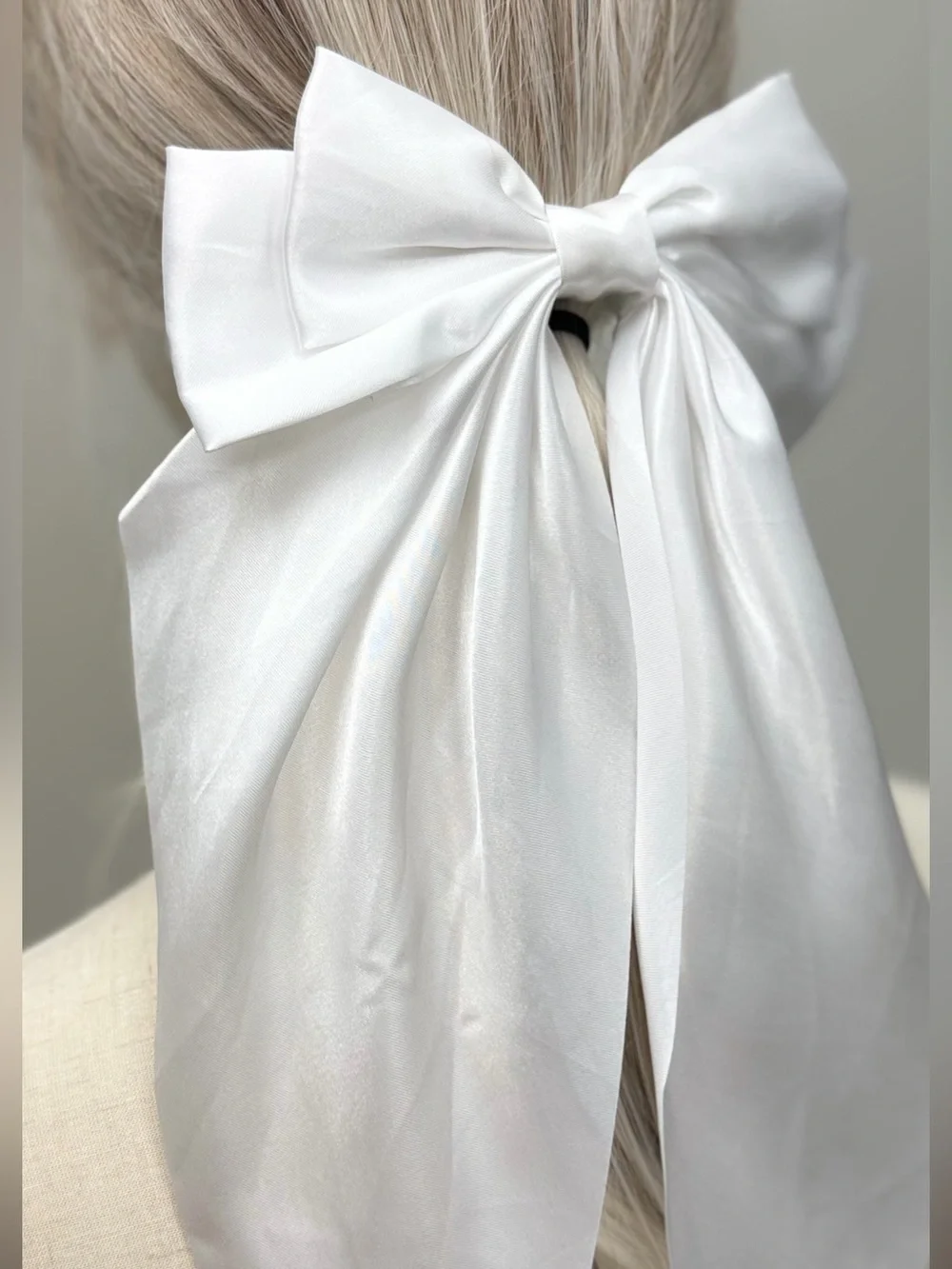 New Oversized White Satin Bow Hair Barrette Long Tail Hair Clip